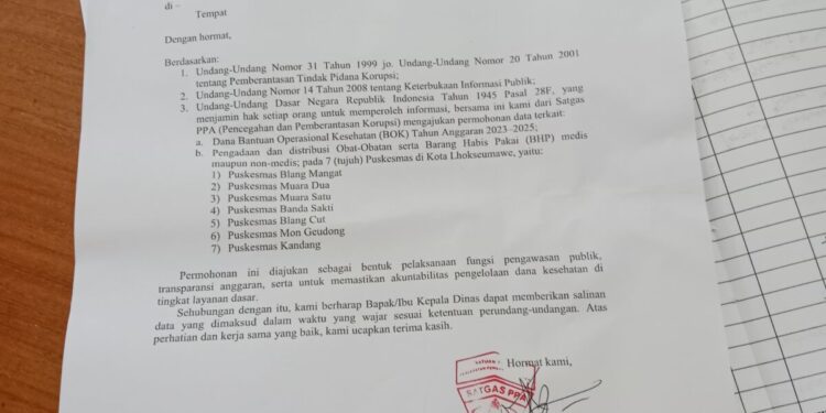 Satgas PPA Minta Data Pengelolaan Dana Kesehatan di Puskesmas Lhokseumawe